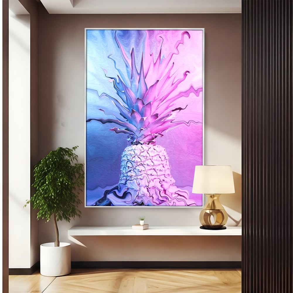 Tablou canvas cu tablou canvas cu ananas neon, in rama de aluminiu argintiu